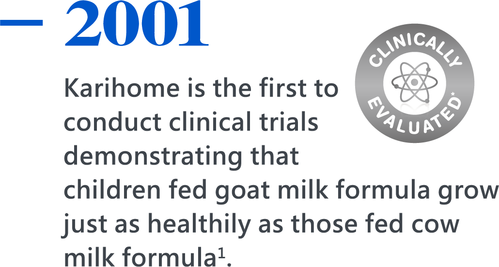 2001，Karihome is the first to conduct clinical trials demonstrating that children fed goat milk formula grow just as healthily as those fed cow milk formula1.